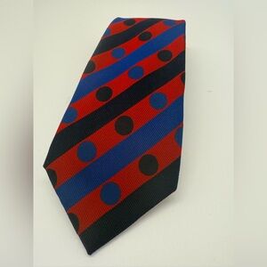 Bullock & Jones Stylish Red and Blue Stripe Polka Dot Silk Tie office evening